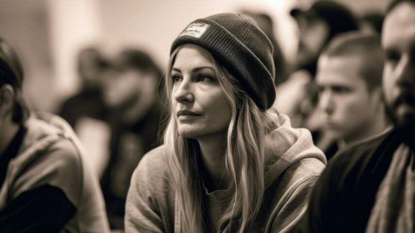 A woman patiently listening during a drug therapy session in Alaska