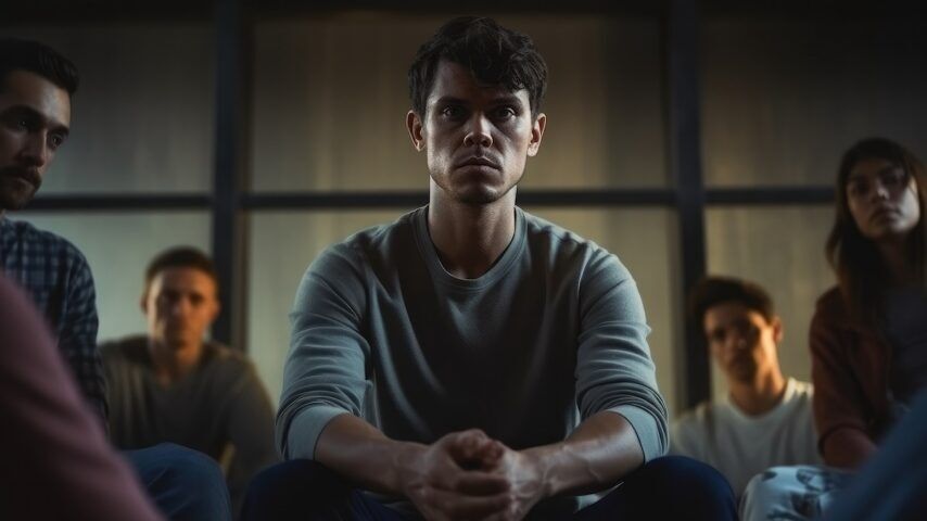 Depressed man at support group meeting for mental health and addiction issues in Hawaii rehab center